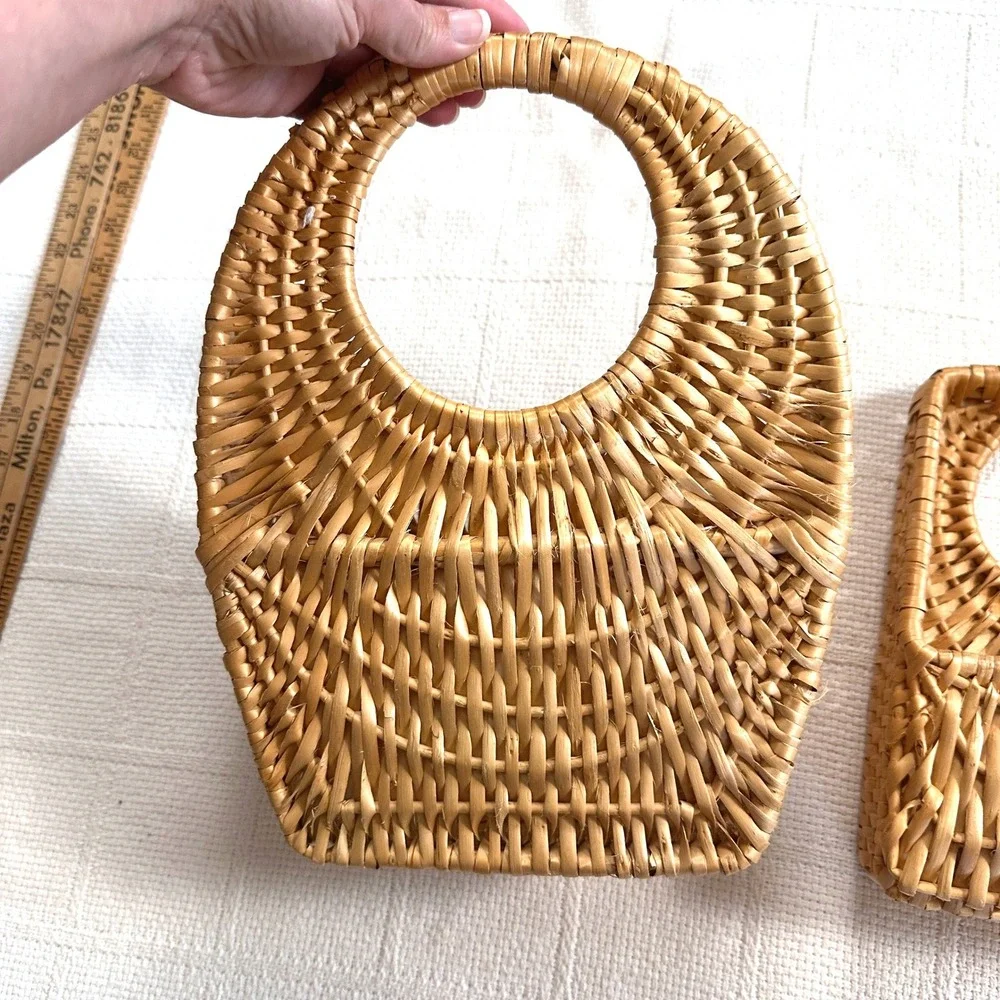 VTG Wicker Rattan Wall Pocket Basket Set Cottagecore Boho Decor